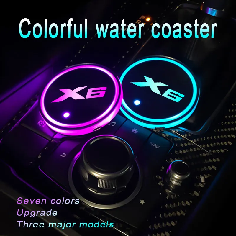 

Car Logo 7 Colors Led Atmosphere Light Luminous Car Water Coaster For BMW X6 2008-2015 2017 2018 2019-2021 2022 Auto Accessories