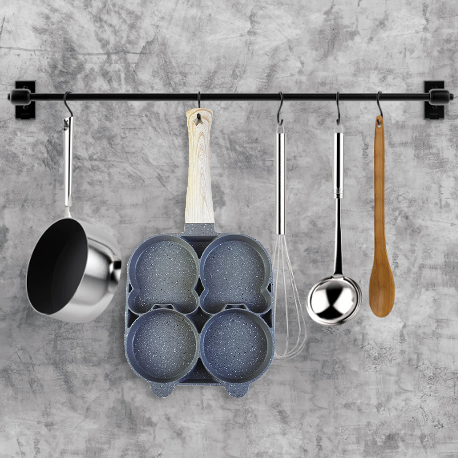 

Four-hole Frying Pot With Wooden Handle Thickened Omelet Pan Nonstick Egg Pancake Steak Pan Cooking Egg Ham Pans Breakfast Maker