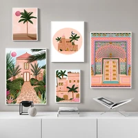 moroccan wall art canvas poster pink lotus gate palm building moon print nordic decorative picture painting modern mosque decor