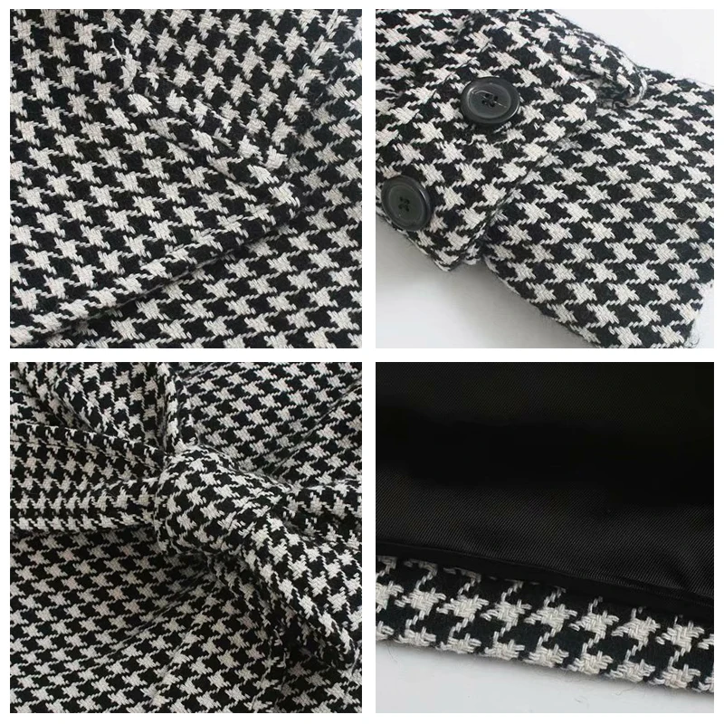 ROHOPO Houndstooth пояс Зубчатый воротник миди серый смесь Пальто Кнопки для пряжки Culf передний рант карманы осенние клетчатые Капа#9293