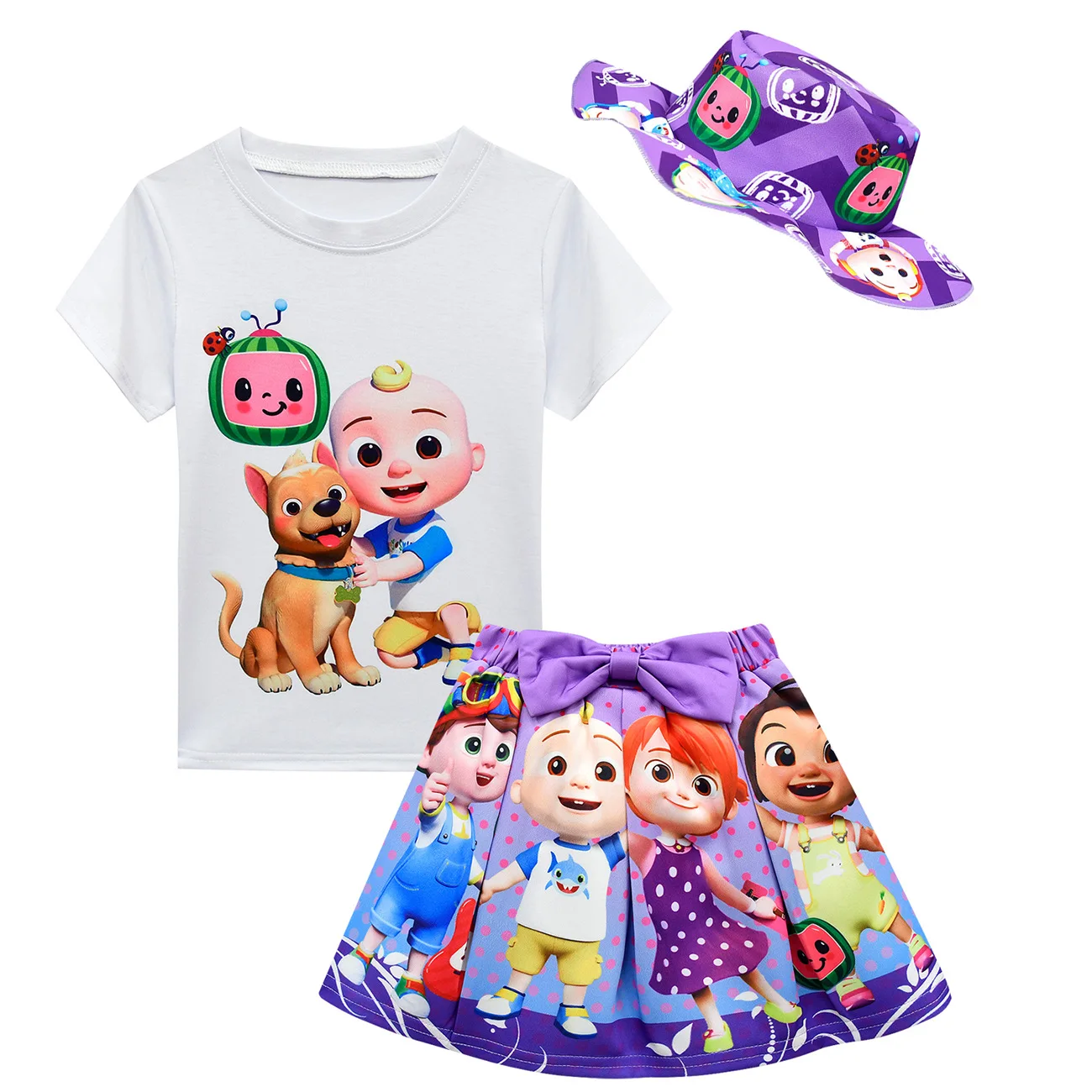 

2021 Summer Kids Cute Cocomelon T Shirt + Skirts Small Bag SunHat 4pcs Suits Baby Girls Cartoon Skirt Sets Children's Clothing
