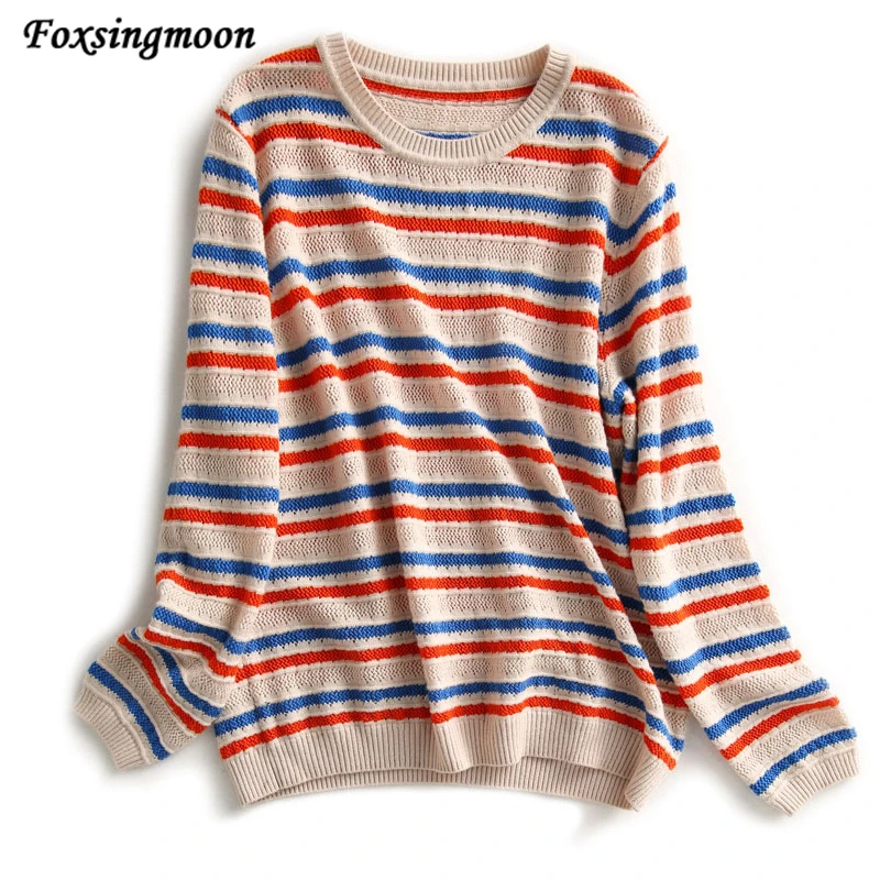 

Новинка, женский свитер, модный тонкий вязаный крючком свитер в полоску с круглым вырезом и длинным рукавом