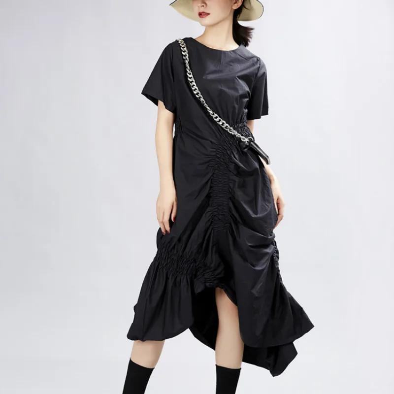 

Summer 2020 New Fashion Dresses Women Elegant Round Neck Over the Knee Pleated Irregular Dress Mid-Length Black/White