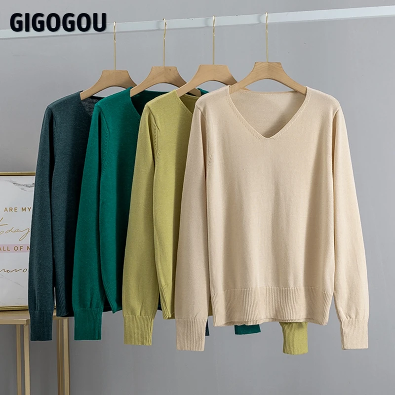 

Женский Повседневный свитер GIGOGOU, теплый вязаный джемпер с v-образным вырезом на весну и осень, Модный мягкий женский пуловер, свитер
