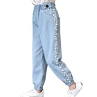 Джинсы для девочек однотонные джинсы для девочек с жемчугом джинсовые брюки для детей Повседневная стильная детская одежда 6 8 10 12 14