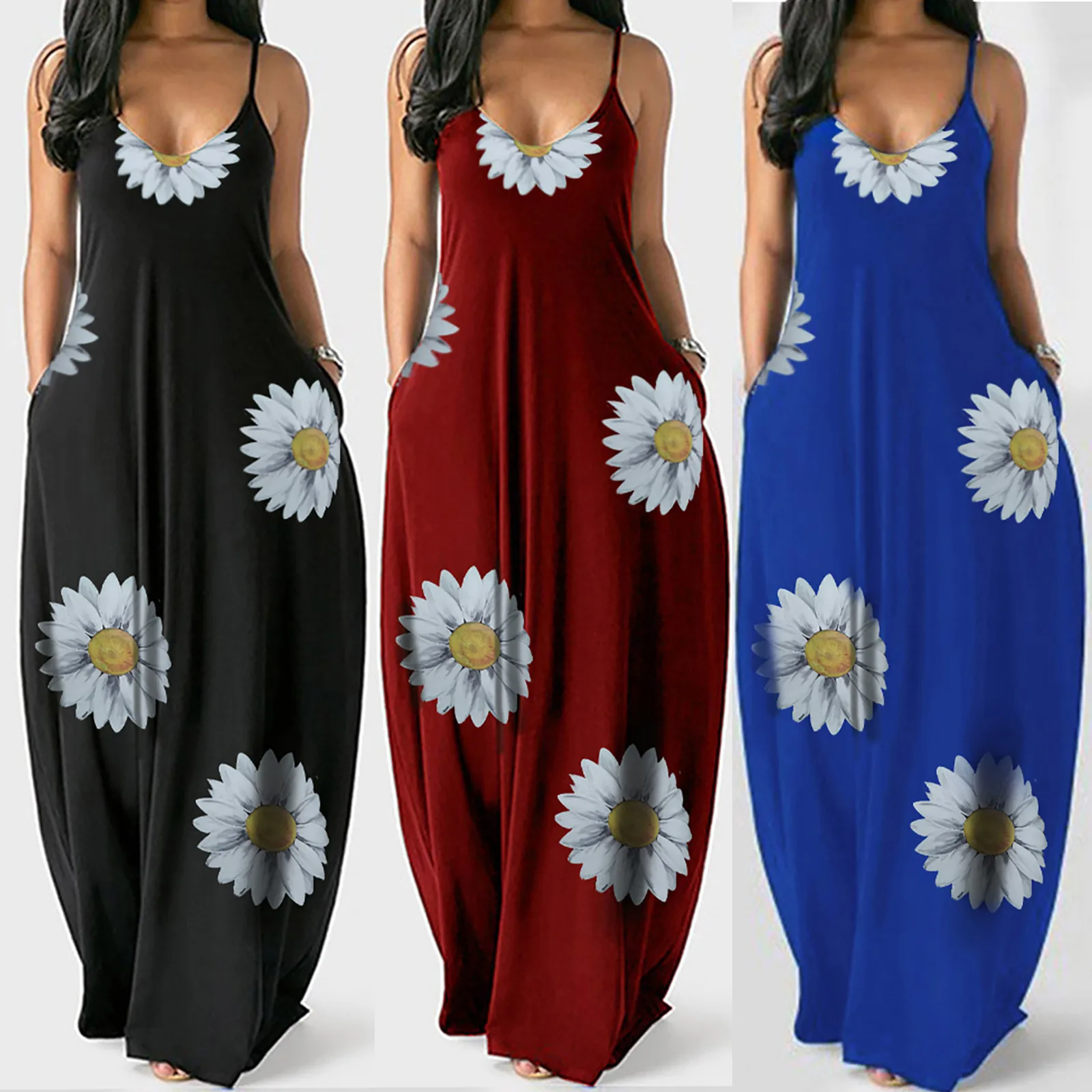 

Summer Long Dress Women Vintage Print Spaghetti Strap Pockets Maxi Dresses Casual Plus Size Sleeveless Beach Dress Vestidos C2