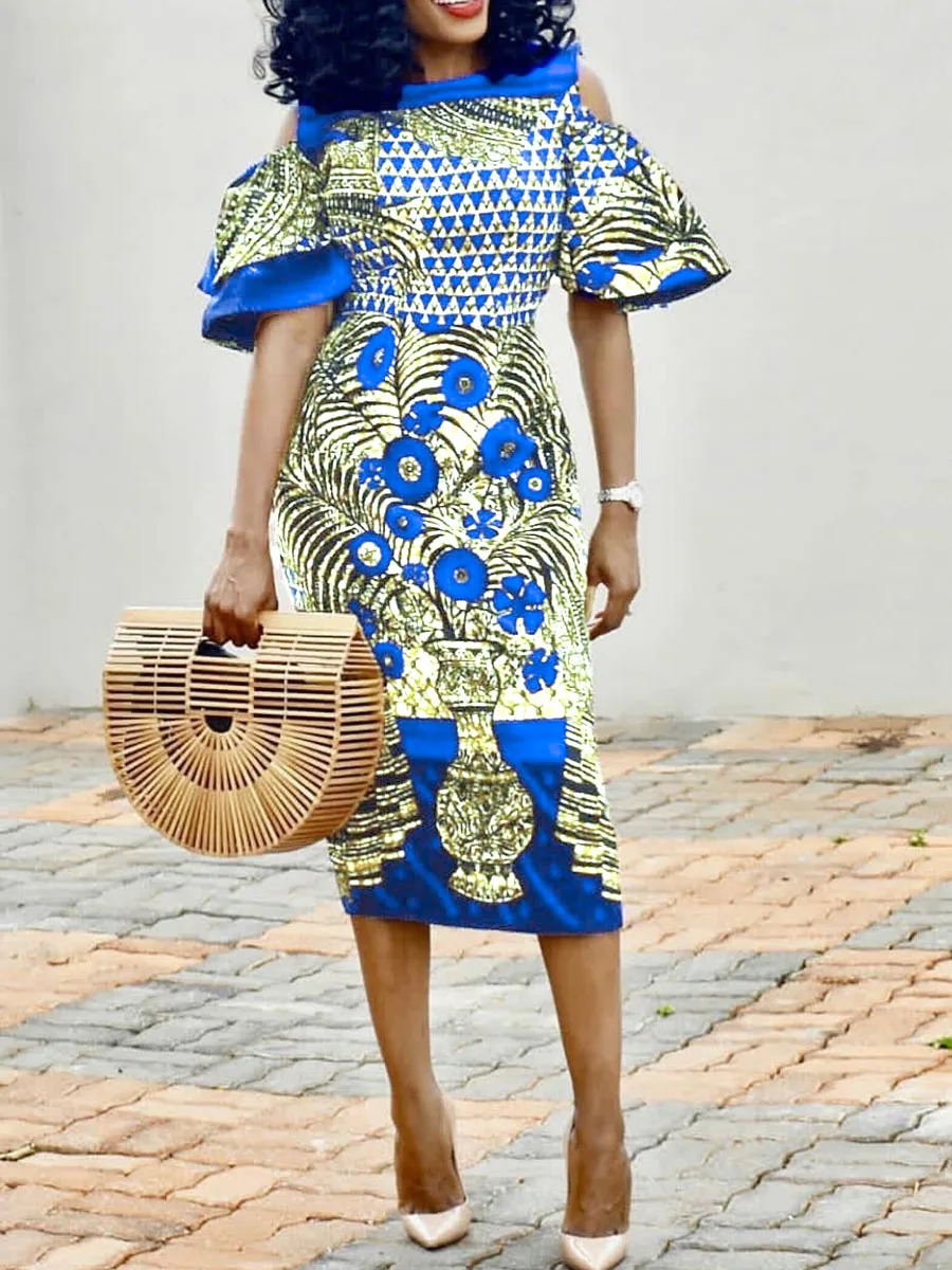 Off Shoulder Party Bodycon Dress Elegant Evening Women Ethnic Floral Color Print Stylish Ruffle Summer 2019 Sexy African Dresses | Женская