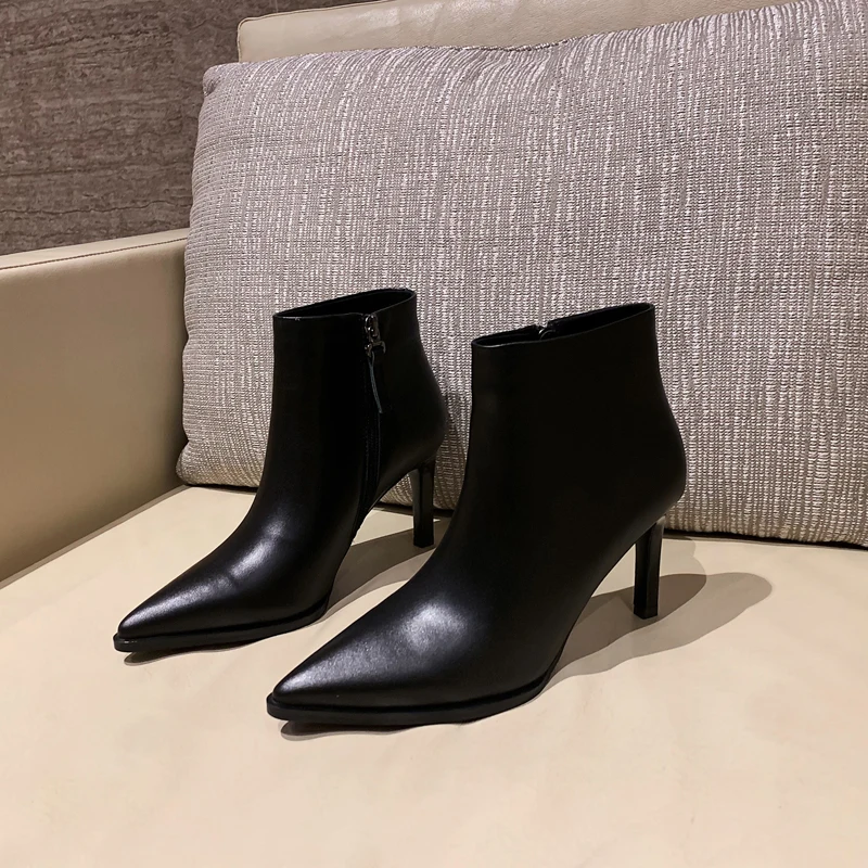 

Women's genuine leather thin high heel pointed toe autumn ankle boots sexy ladies high quality short booties evening dress shoes