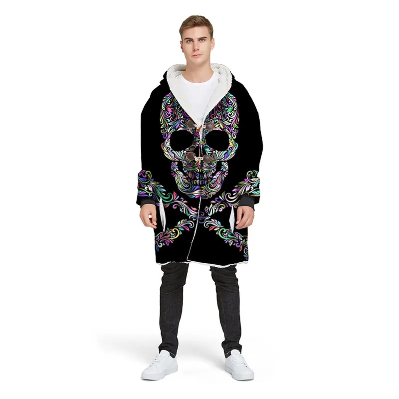 

Personalized 3D Sugar Skull Hooded Blanket with Sleeve Winter Thicken Horn Button Jacket for Men Wearable Blanket Halloween