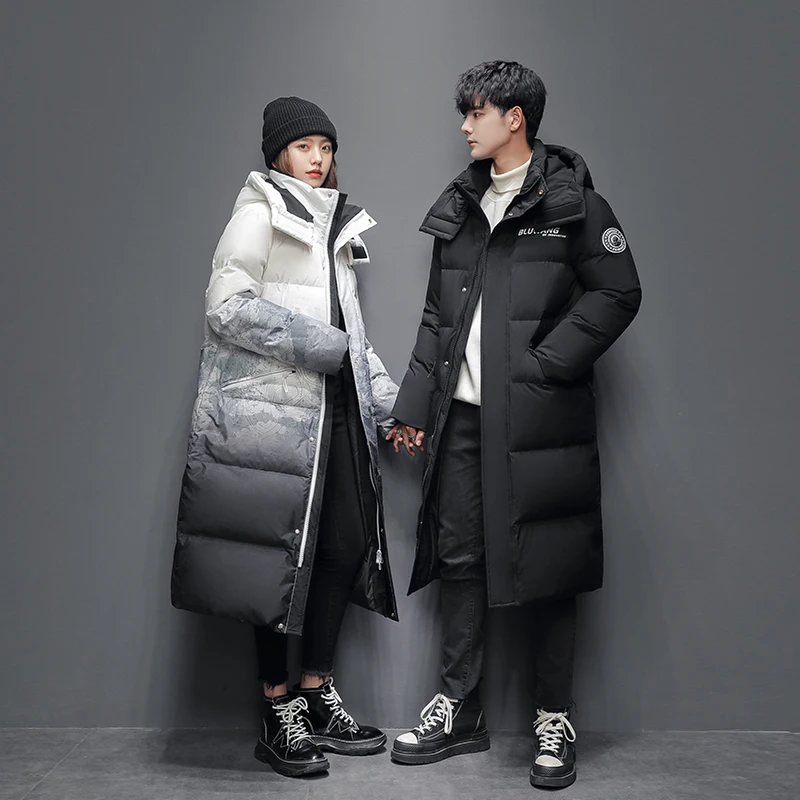 Down jackets for couples men and women long 2021 new loose white duck down chameleon coat extremely cold equipment windproof