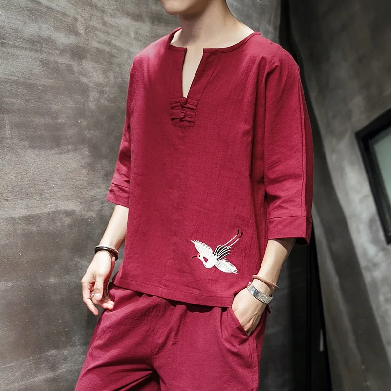 Мужские топы с вышивкой чонсам яркая китайская футболка для мужчин Женская