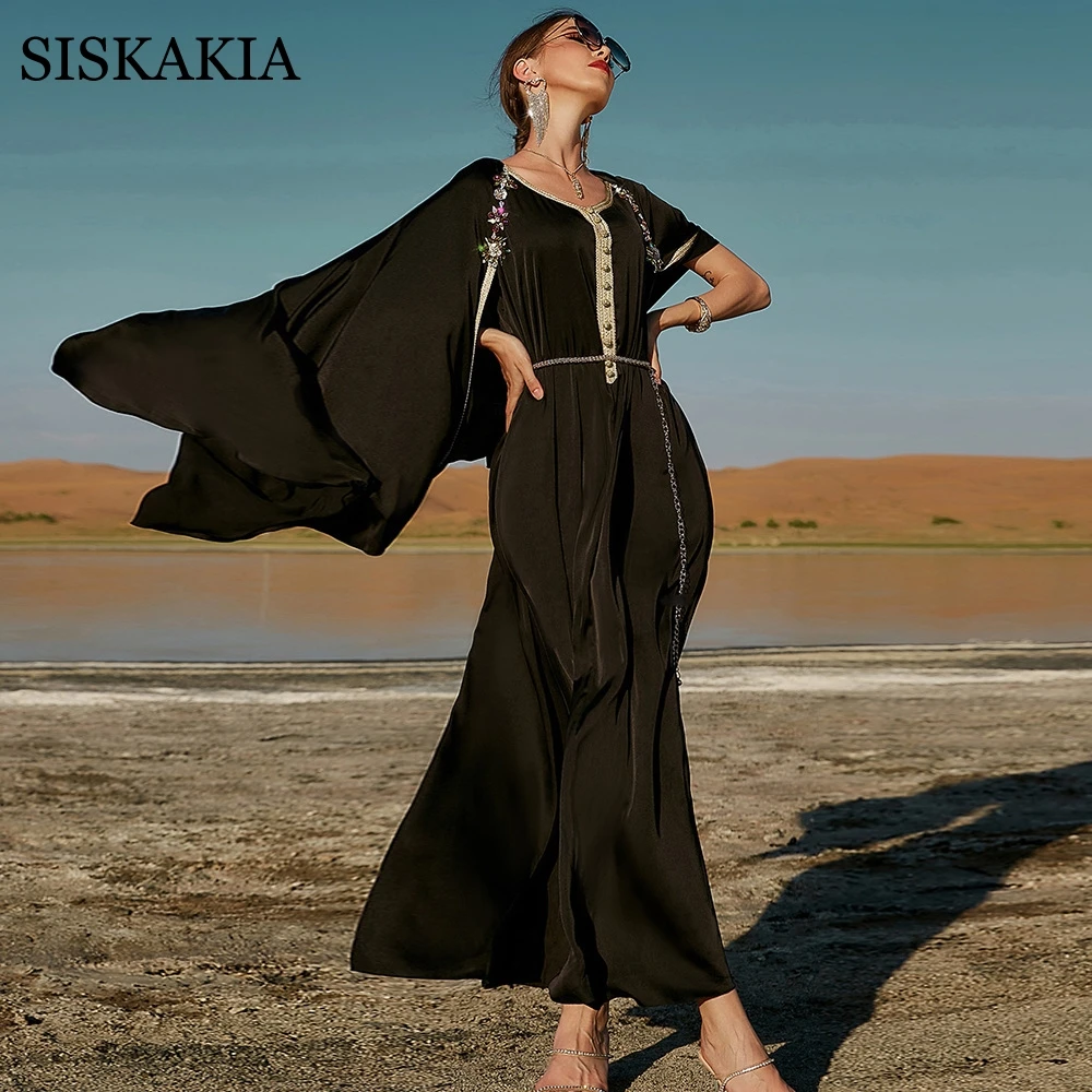 

Siskakia Hand-Beaded Fake Two-Piece Maxi Long Dress Black Gold Ribbon Cloak Abaya Beach Tourism Dubai Moroccan Caftan 2022 New