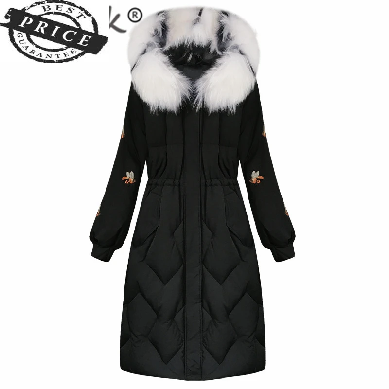 

Black Female Winter Jacket + Raccoon Fur Hooded Korean Thick Warm Duck Down Jacket Ladies Slim Long Pink Coat Hiver Y1a36