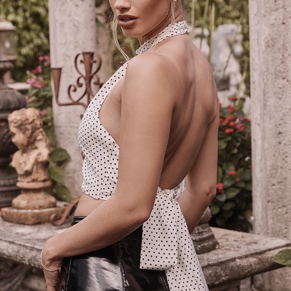 

2021 New European and American Street Fashion Polka Dot Sexy Slim Ultra Short Halter Bowknot Halter Sling Ladies Vest
