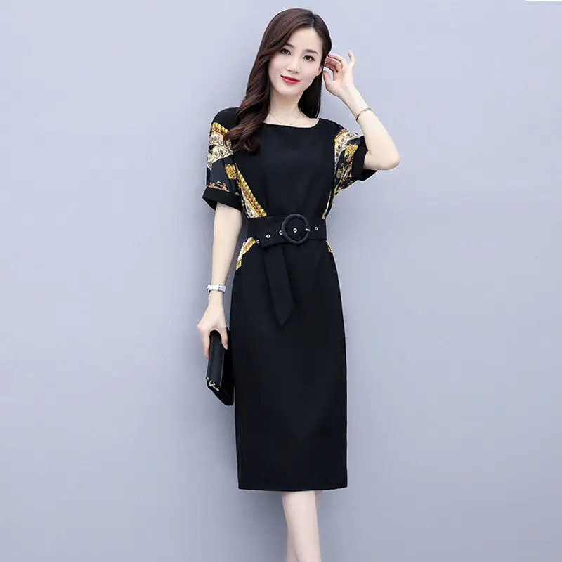 

Women's Spring Summer Style Dress Women's Elegant Short Sleeve Printed O-neck Sashes Korean Slim Dress SS1828