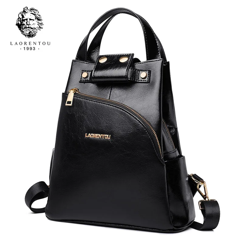 LAORENTOU Genuine Leather Women School Backpack Female High Qulaity Rucksack Casual Shoulder Student Bags Teenage Mother's Gifts