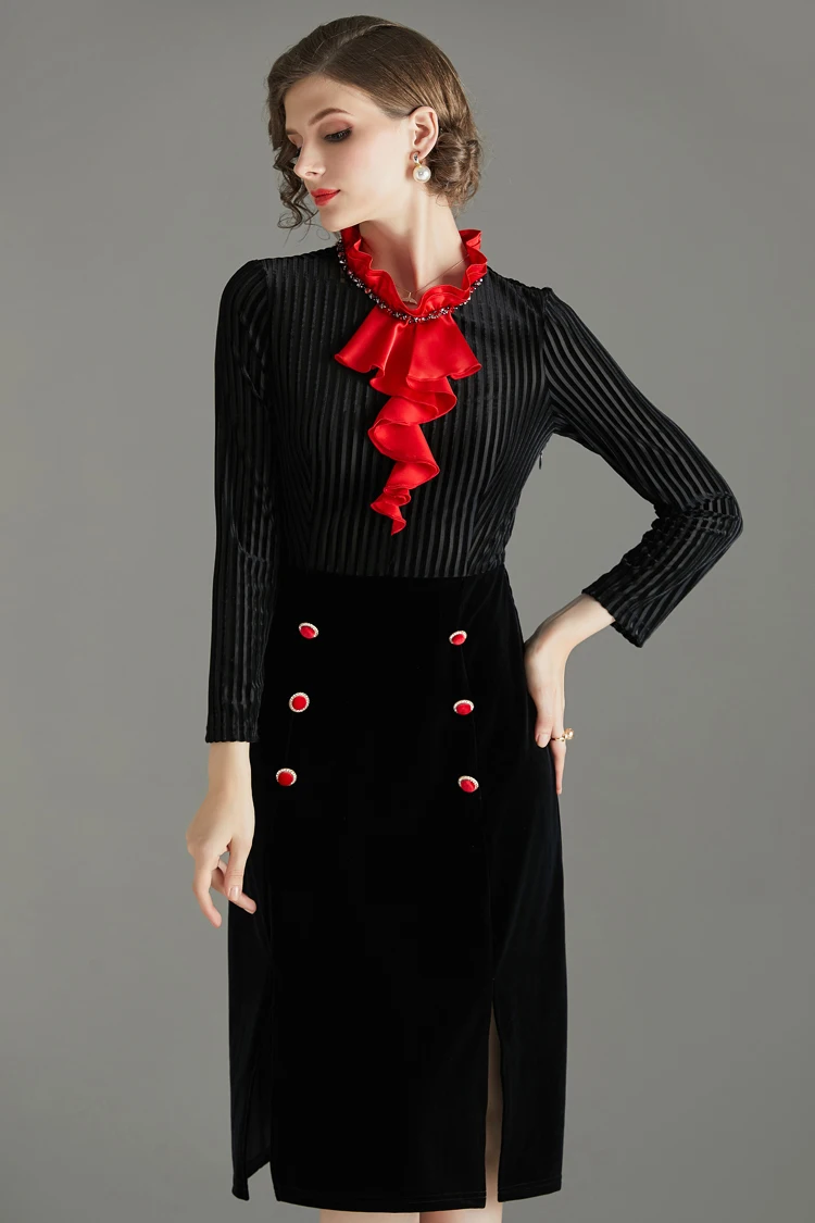 Модное подиумное женское платье с гофрированным воротником и длинными рукавами