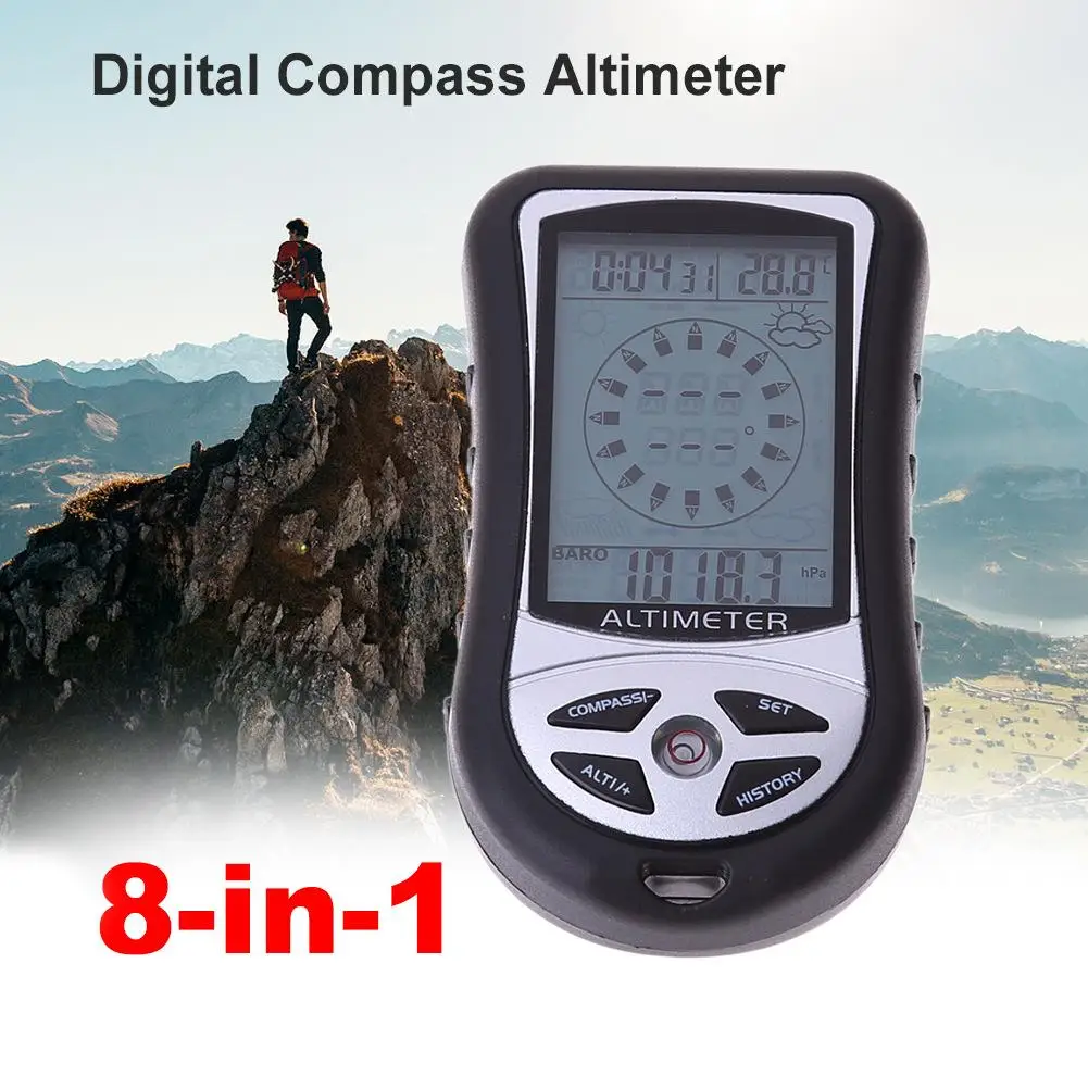 

8 in 1 Electronic Handheld Compass Altimeter Barometer Thermometer Weather Forecast Time Calendar Clock with Backlight Compasses