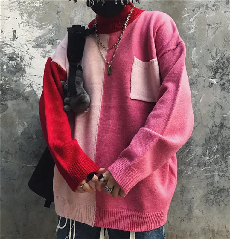 Winter Turtleneck Sweater Men's Warm Fashion Contrast Casual Knit Pullover Men Streetwear Hip Hop Knitting Sweaters Male Clothes