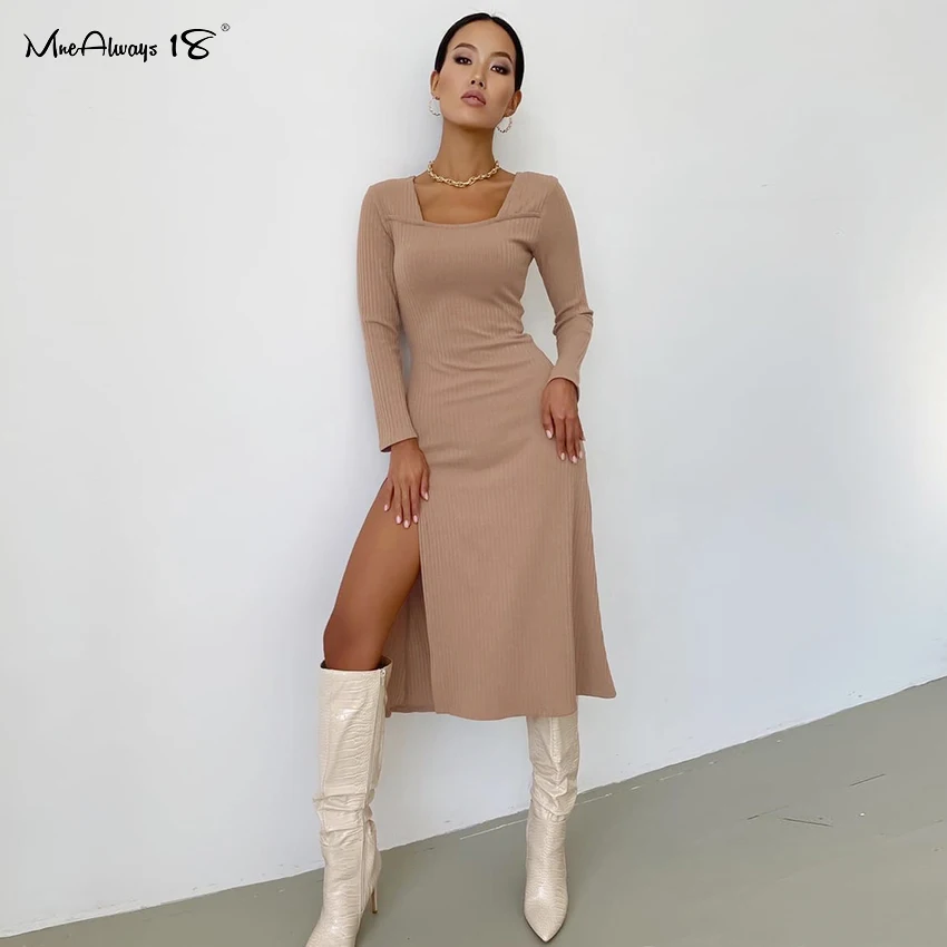 Mnealways18 Split Sexy Solid Knitted Dress Long Sleeve Khaki Ribbed Casual Women Dresses Midi Autumn Winter Ladies Bodycon Dress