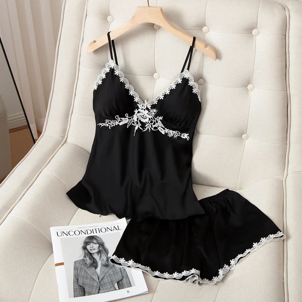 

Satin Women 2PCS Pajamas Suit Sexy Lace Sleepwear Intimate Lingerie Summer New Sleep Set Home Clothing Novelty Nightwear