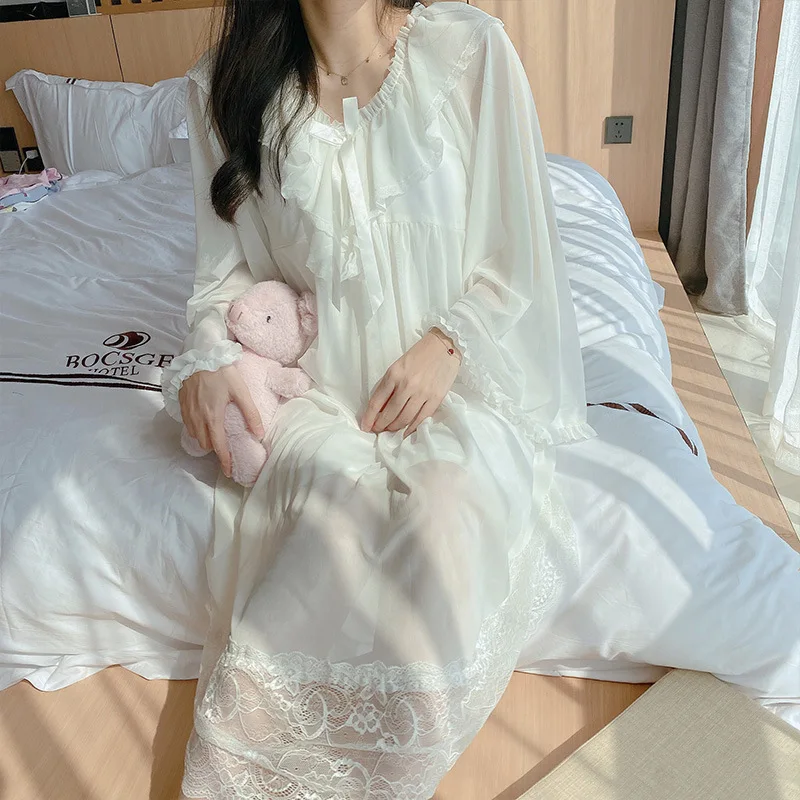 

Long White Dress COTTON Nightgowns Women Luxury Homewear Elegant Sleepwear Sleepshirts Nighties Lace Sexy Palace Homewear