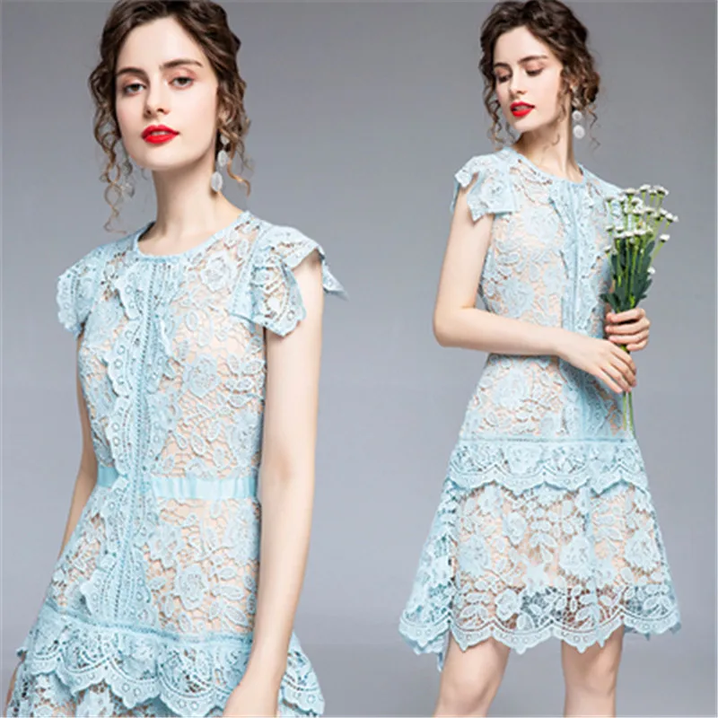 Женское кружевное мини-платье летнее синее платье с оборками лето 2022 | Женская
