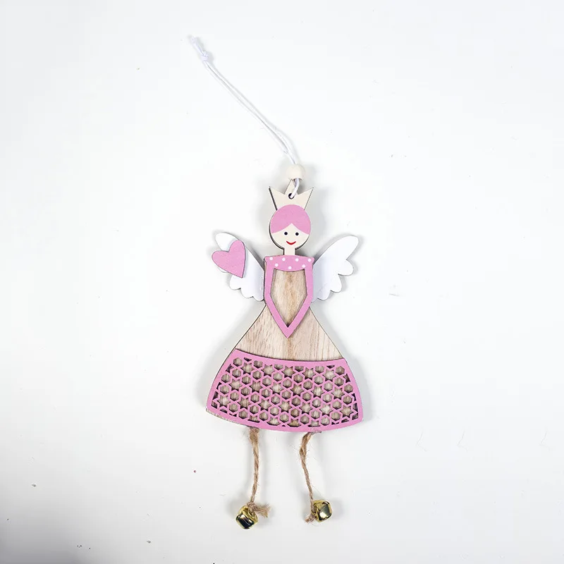 wooden heart girl angel with wing christmas tree decorations bell christmas pendant ornaments kids toys Xmas party decor newyear - Цвет: Флуоресцентный желтый