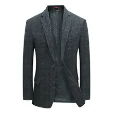 Man Wool Tweed Blazer Plaid Woolen Fabric Jacket Suit Costumn Homme Notched Collar Cuff Button Design Coats Blue Blazer for Men (3)