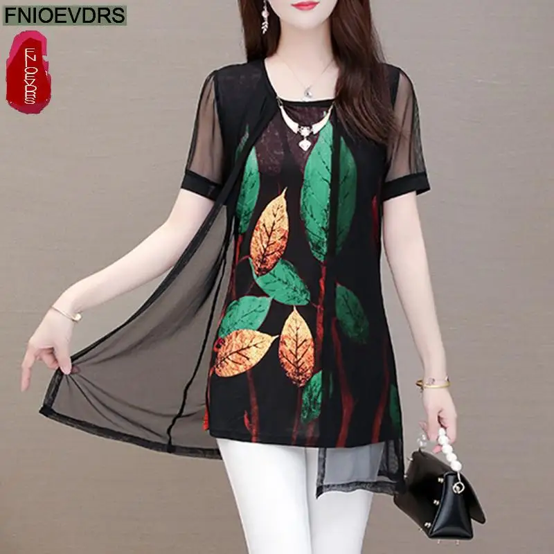 

New Summer American Style Women Faux Two Piece Casual Fashion Printing Lady Top Long Peplum Elegnt Blouses