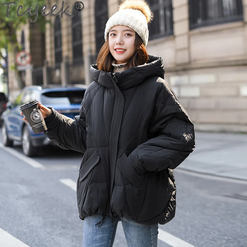 

Tcyeek Womens Coats Winter Hooded White Duck Down Jacket Famale Short Loose Coat Korean Woman Parkas Abrigos Para Mujer SQQ544