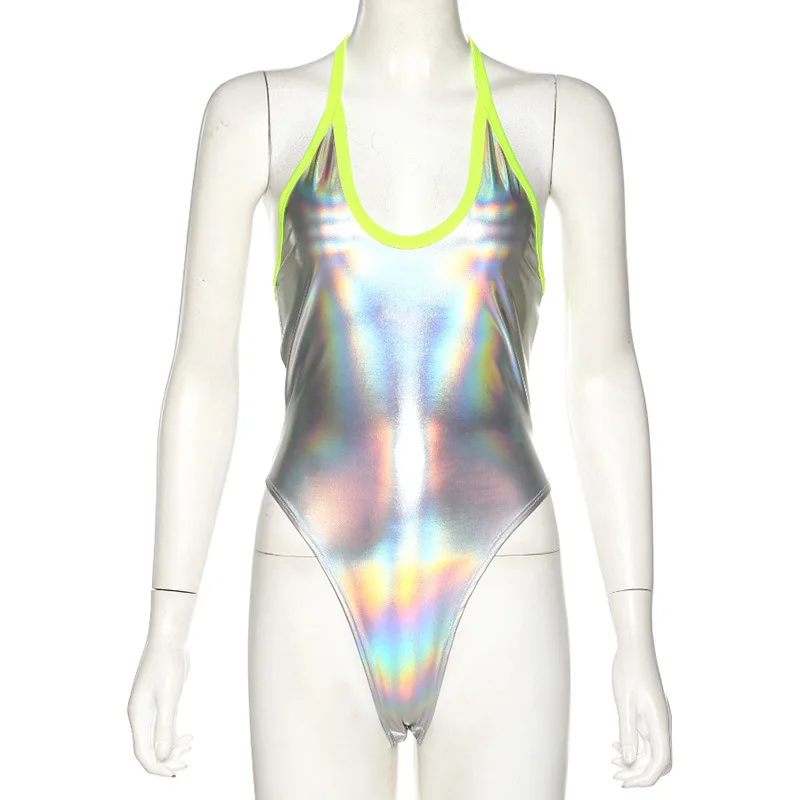 BOOFEENAA голографическое Серебряное Сексуальное боди блестящее эластичное с