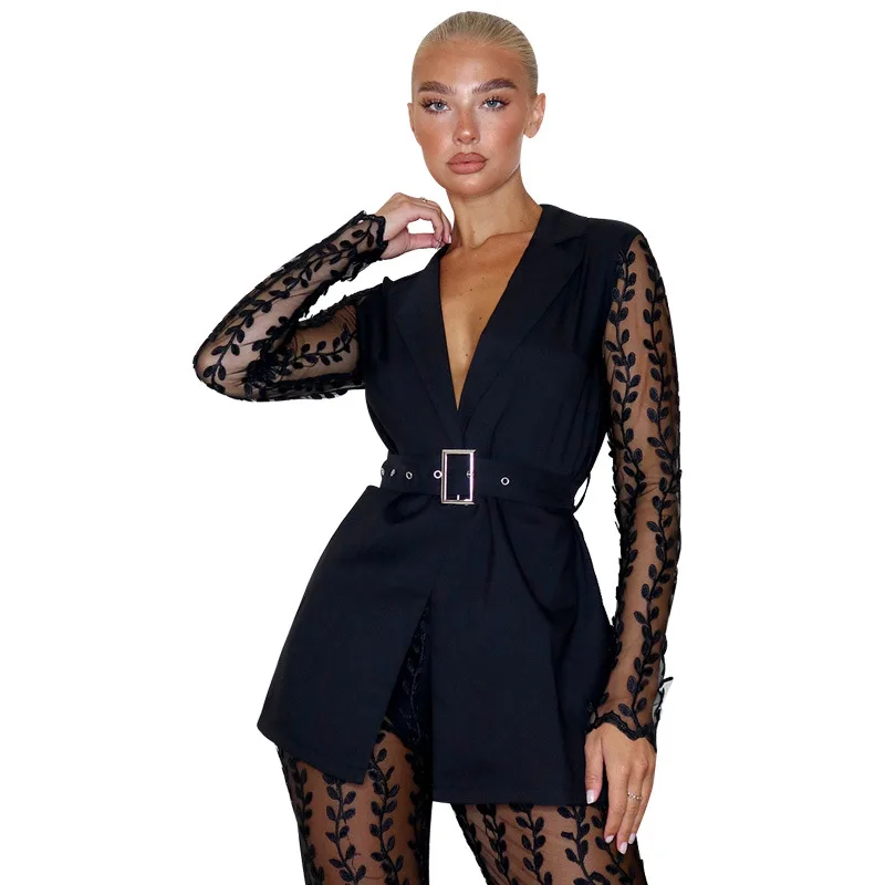 

New Women Lace Party Outfits Embroidery Two Piece Sets Lady's V-Neck Sashes Tops High Waist See Through Flared Pants Club Suits