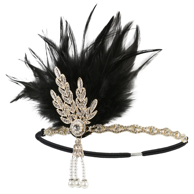 

1920s leather turban feather headdress The Great Gatsby inspired Pearl Medal foil turban accessories