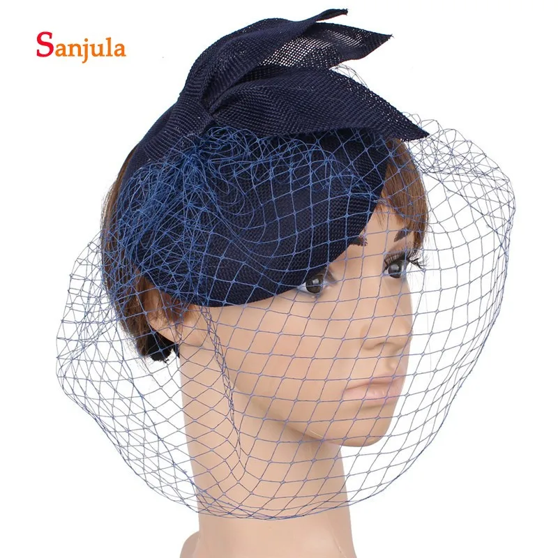 Navy Blue Бирюзовые Свадебные шляпы для женщин листья Элегантные Белые Свадебные шляпы с лицом вуаль chapeau mariage bleu SH85 - Цвет: Navy Blue