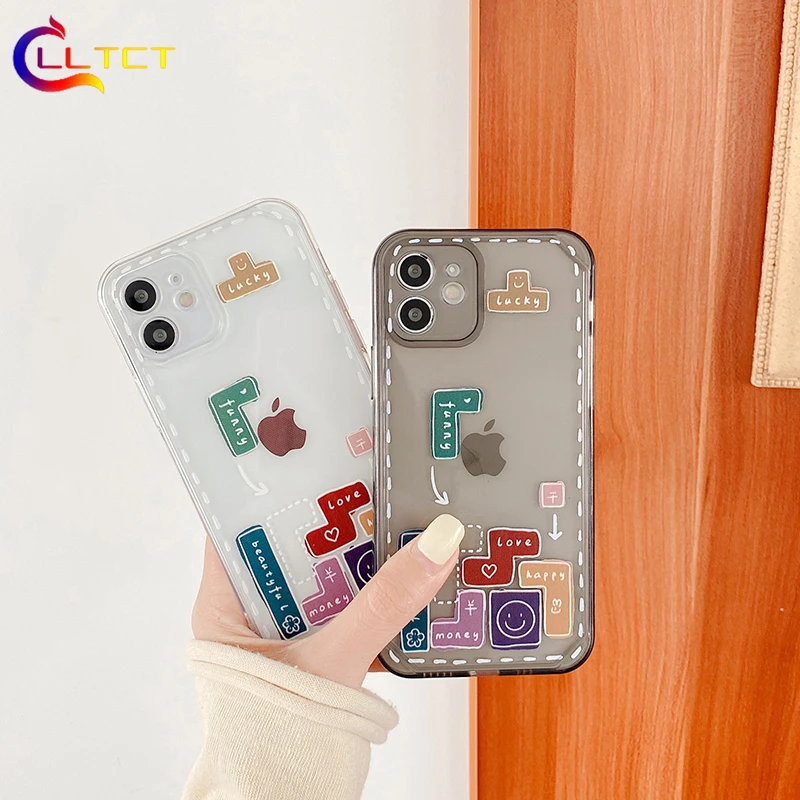 

LLTCT Art Tetris Transparent Phone Case For iPhone 11 12 Pro Max 12 Mini X Xs Max Xr 7 8 Plus Clear TPU Soft Back Cover Funda