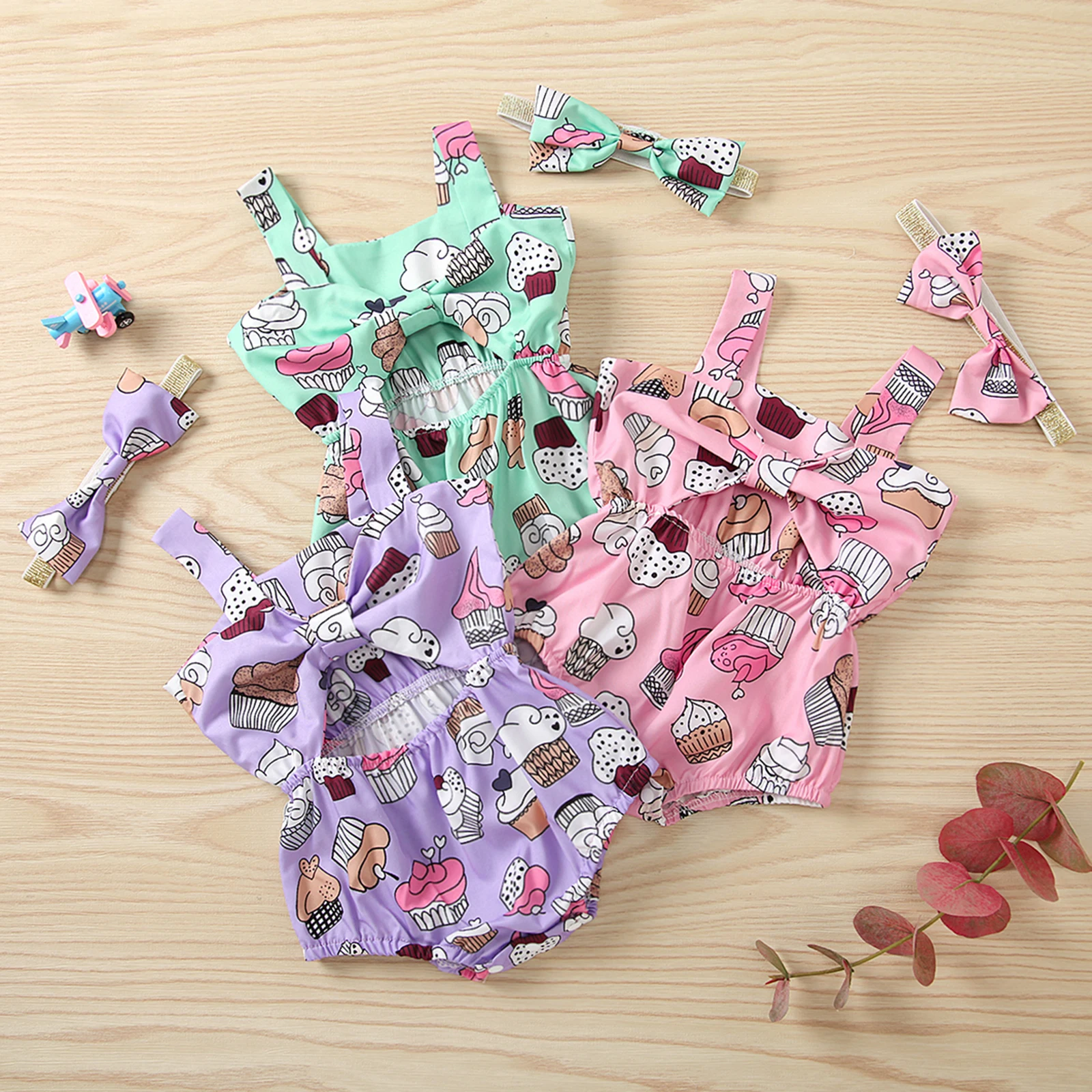 

Baby Girls Two-piece Clothes Set, Cartoon Printed Pattern Square Collar Romper and Headdress, Girls Summer Fashion Set