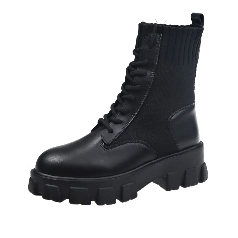 Boots Women Leather Lace-Up Gothic Black Sock Platform Fashion Ladies Shoes Ankle Botas Mujer | Обувь