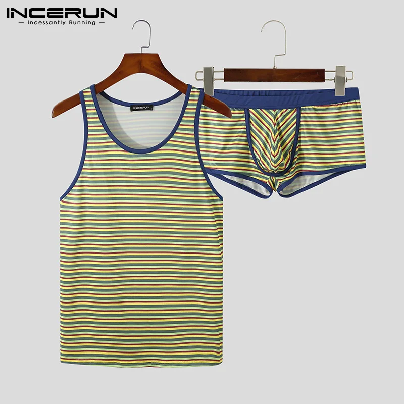 

Men Striped Pajamas Sets Fitness Homewear Sleeveless Tank Tops & Boxers Summer Comfortable Mens Nightwear Suits INCERUN S-5XL