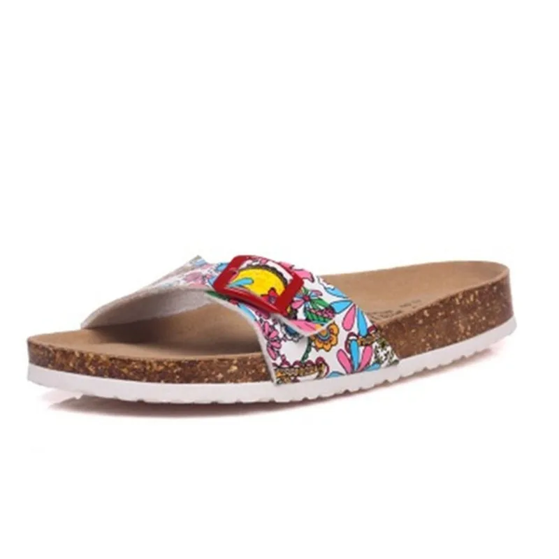 

Summer New Women Cork Platform Beach Slippers Metal Buckle Casual Flat Sandals Fashion Mixed Colors Print Girl Open Toe Slides