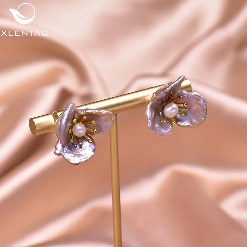 

XlentAg Natural Purple Semi-Baroque Pearl Stud Earrings For Women Party Gifts Flower Earings Romantic Luxury Jewelry GE0958A