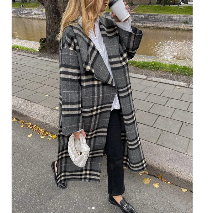 

2021 Winter Nordic Wool Jacket Lapel Double-sided Woolen Plaid Coat Profile Side Slit Grey Mid-length Coat Women