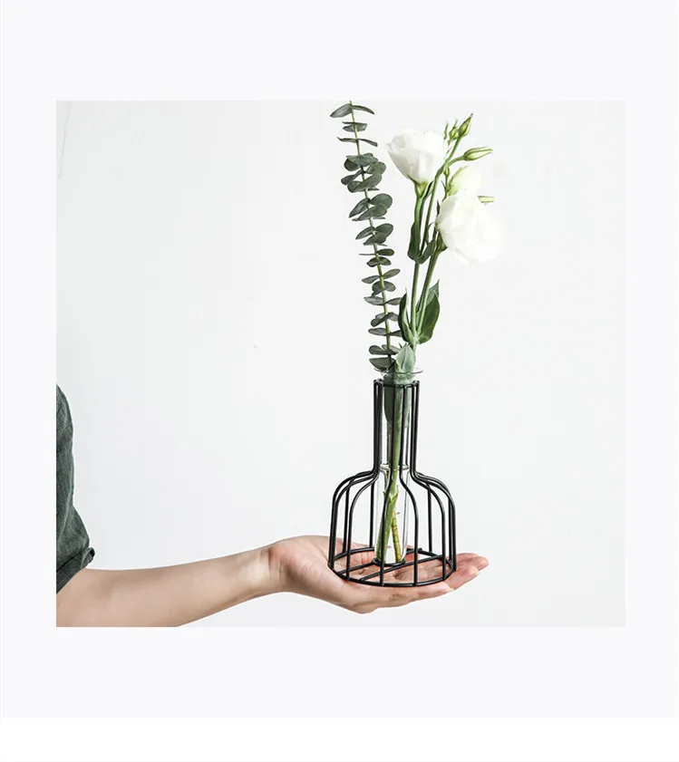 Black Lines Minimalist Abstract Iron Vase Geometric Hydroponic Vase Rack Home Decor Vase Abstract Glass Terrarium Gold Vase