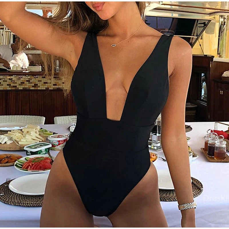 ZMTREE Sexy V-neck Swimwear Floral Printed Solid Women One Piece Swimsuit High Leg Cut Bodysuit Monokini Push Up Beachwear 2020 |