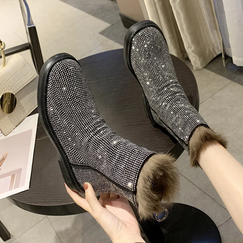 

Кроличьи Меховые Ботинки Martin женские зимние теплые меховые зимние ботинки Стразы кроссовки с высоким берцем 2022 женские зимние ботильоны