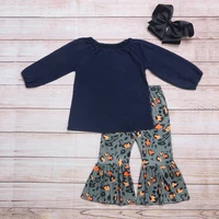autumn girls clothes navy blue stretch collar long sleeve top and dark gray trousers orange leopard print toddler girl outfits