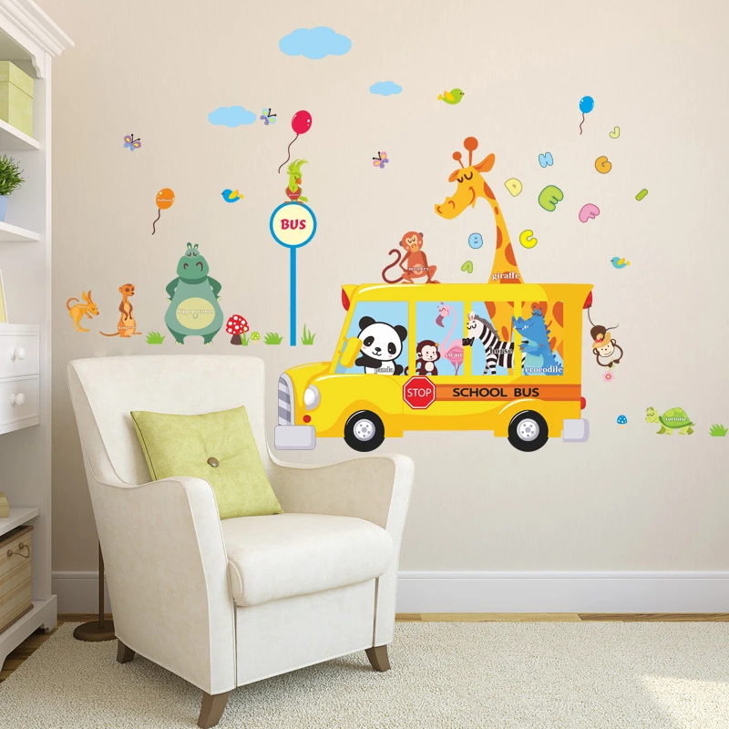 

Cartoon Animal School Bus Wall Sticker For Kindergarten Kids Room Home Decoration Giraffe Zebra Monkey Safari Mural Art Decal