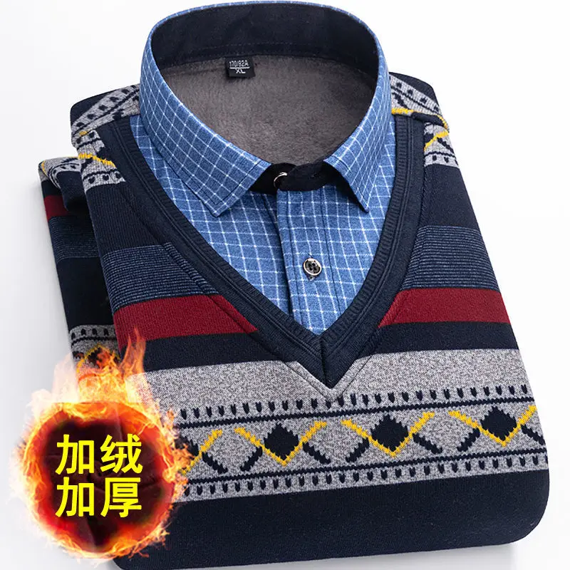 Мужской флисовый свитер с воротником-рубашкой размеры до 5XL Осень-зима 2021 модный