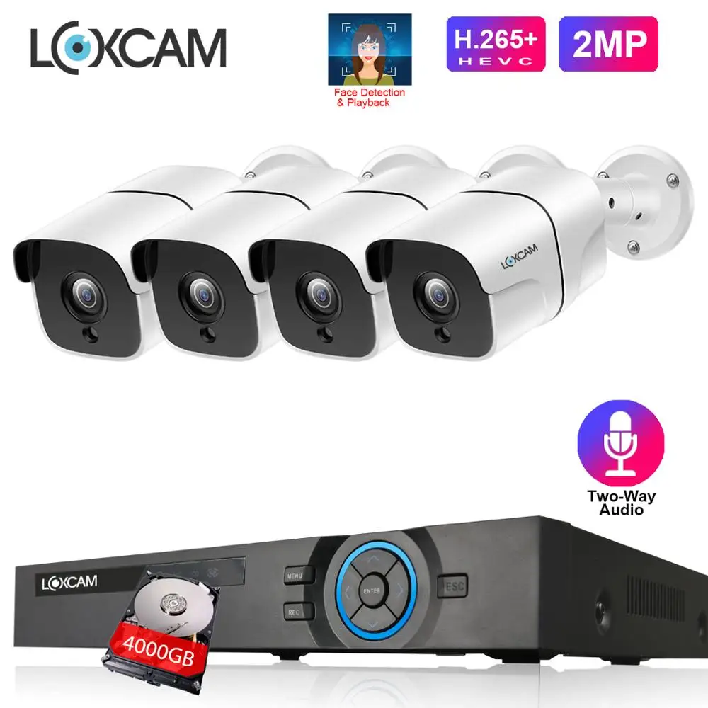 LOXCAM H.265 + 4CH CCTV система 5MP POE NVR с 48В 2MP 1080P двухстороннее аудио AI наружная