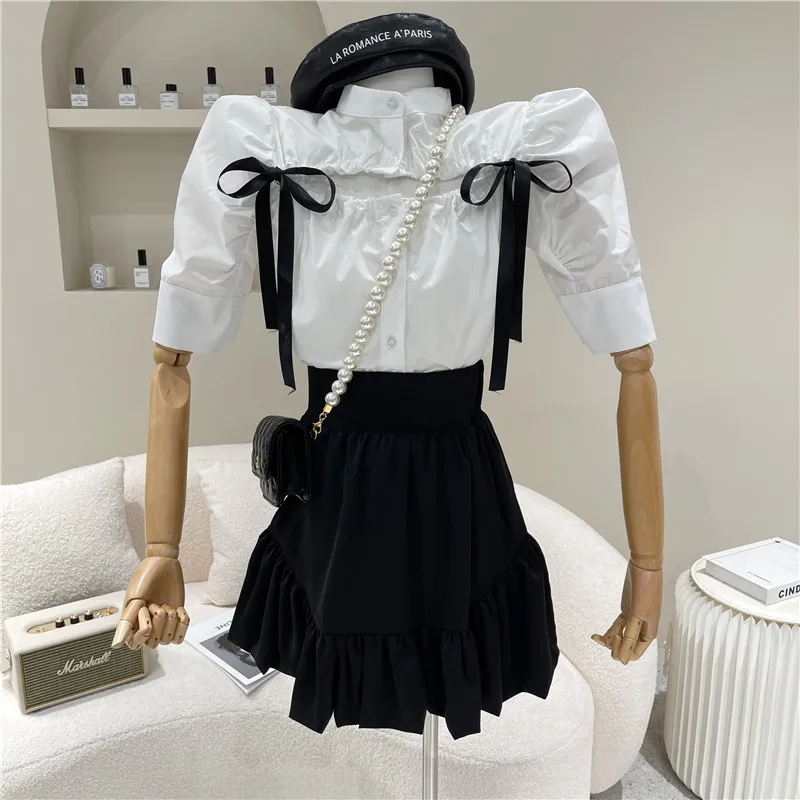 

Women's Spring Summer 2021 Fashion Loose hollow out design Bow Shirt
